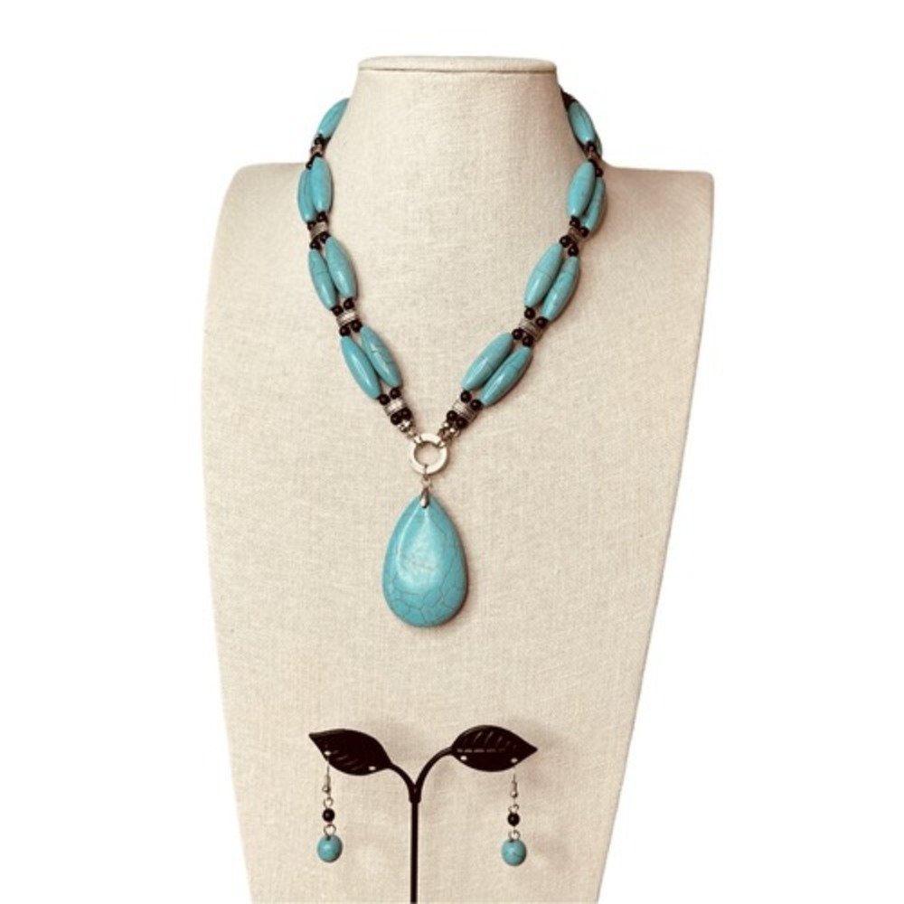 Native American Apache Imitation‎ Turquoise Pendant Necklace Matching Earrings